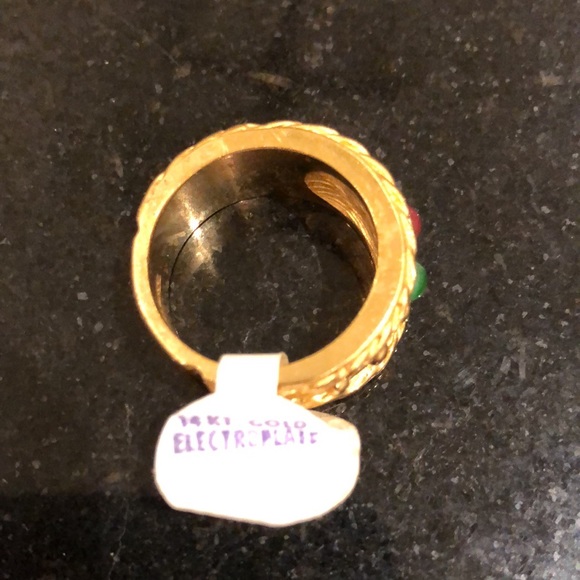Gold Ring with Red, Blue & Green Tri-color Cabochon Like Stones Costume Jewelry - Picture 2 of 4